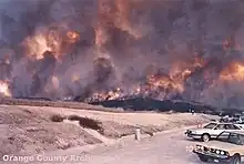 Cars parked askew near a beach to the right of a thin line of flame on the horizon, with translucent plumes of smoke filling the sky.