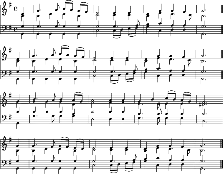 
<< <<
\new Staff { \clef treble \time 4/4 \partial 4 \key g \major \set Staff.midiInstrument = "church organ" \set Score.tempoHideNote = ##t \override Score.BarNumber  #'transparent = ##t
  \relative c' \repeat unfold 2 { 
  << { d4 | g4. a8 b[( a)] g( fis) | e2 e4 e | d g g fis | g2. \bar"||" \break } \\ 
  { b,4 | b d d b | c2 c4 c | b e d4. c8 | b2.}
  >> }
  \relative c''
  << { g4 | b4. a8 b4 a8( g) | a2 a4 a | g b c8[( b)] a [( g)] | fis2.
  g4 | g4. fis8 g[( fis)] e( d) | e2 e4 e | d g g fis | g2. \bar"|." } \\
  { g4 | g g g d | fis2 fis4 fis | e4. e8 e4 e | dis2. \bar"" \break
  b4 | b d d b | c2 c4 c | b e d4. c8 | b2. } >>
}
\new Staff { \clef bass \key g \major \set Staff.midiInstrument = "church organ"
  \relative c' \repeat unfold 2 {
  << { g4 | g4. g8 g4 g | g2 g4. a8 | b4 c a a | g2. } \\
  { g,4 | g g g g | c2 c8[( d)] e( fis) | g4 c, d d | g,2. } >> }
\relative c'
  << { d4 | d d d b | d2 d4 d | b4. b8 b4 b | b2.
  g4 | g4. g8 g4 g | g2 g4. a8 | b4 c a a | g2. } \\
  { g,4 | g'4. g8 g4 g | d2 d4 d | e4. e8 e4 e | b2.
  g4 | g4 g g g | c2 c8[( d)] e( fis) | g4 c, d d | g,2. } >>
}
>> >>
\layout { indent = #0 }
\midi { \tempo 4 = 110 }
