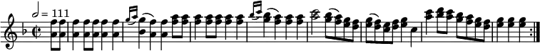 
\relative c'' { 
  \set Staff.midiInstrument = #"piano"
  \tempo 2 = 111
  \key f \major
  \time 2/2
  \repeat volta 2 { \partial 4 <a f'>8 <a f'> <a f'>4 <a f'>8 <a f'> <a f'>4 <a f'> \grace { g'16( a16) } <bes, g'>4( <a f'>) <a f'>
  <f' a>8 <f a> <f a>4 <f a>8 <f a> <f a>4 <f a> \grace { bes16( c16) } <g bes>4( <f a>4) <f a> <f a> <a c>2 <g bes>8( <f a>) <e g> <d f>
  <e g>( <d f>) <c e> <d f> <e g>4 c <a' c> <bes d>8 <a c> <g bes> <f a> <e g> <d f> <e g>4 <e g> <e g> }
}
