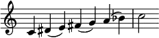  {
\override Score.TimeSignature #'stencil = ##f
\relative c' {
  \clef treble \time 7/4
  c4 dis (e) fis (g) a (bes) c2
} }
