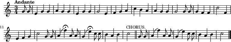 

  \relative c'' {
    \language "english"
    \key c \major
    \time 3/4
    \autoBeamOff
    \tupletUp
    \tempo "Andante"
    \partial 4
    g8 g8 |
    e4 g g |
    a4 g g |
    e4 g g |
    g2 e4 |
    f4 g a |
    c4 b a |
    a4 g g |
    g2 g8 g8 |
    g4 f f |
    d'2 f,4 |
    e4 f g |
    c2 g8 g8 |
    a4( f')\fermata a,8 a8 |
    g4( e')\fermata c8 c8 |
    b4 a b |
    c2 \bar "||" \mark  \markup { \small  "CHORUS." } g8 g8 |
    a4( f') a,8 a8 |
    g4( e') c8 c8 |
    b4 a b |
    c2 \bar "|."
  }
