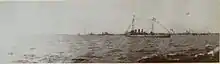 HMS Boadicea flying a courtesy Imperial Russian Navy Ensign during an official visit to Kronstadt in June 1914