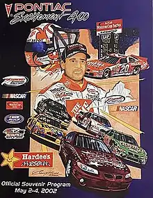 The 2002 Pontiac Excitement 400 program cover, featuring Tony Stewart. Artwork by Garry Hill.