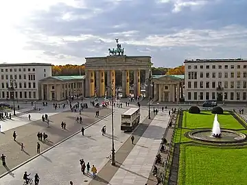 Brandenburg Gate at Pariser Platz, which marks the western terminus