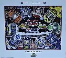 The 2005 UAW-GM Quality 500 program cover, with artwork by Sam Bass. The painting is called "Head Games!"