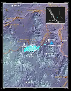 The earthquakes are in a ten-kilometer east-west stripe that is about ten kilometers west of Nazko Cone.