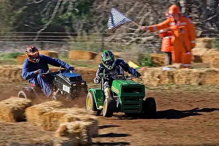 Image 24Lawn mower racingPhoto credit: Fir0002Two racers cross the finish line of the 250cc class at the 2007 Swifts Creek lawn mower races. In this motorsport, competitors race modified lawn mowers, usually of the ride-on or self-propelled variety. Original mower engines are retained but blades are removed for safety. Lawn mowers have also been used in kart racing, a different sport.More selected pictures