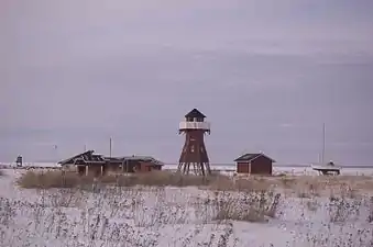 Buildings and the birdwatching tower at Varessäikkä harbour, Siikajoki, Finland