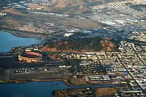 An aerial view of Bayview Park, which encompasses Candlestick (or Bayview) Hill, immediately adjacent to Candlestick Park.