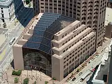 An atrium exterior of the 200 Public Square building in Downtown Cleveland, Ohio.