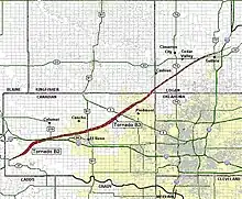 A map of the tornado's damage path, showing a line moving generally northeast past El Reno, Piedmont, and Guthrie.