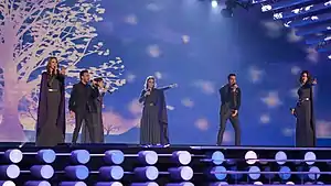 Genealogy at a Eurovision Song Contest 2015 rehearsal(L-R: Tamar Kaprelian, Vahe Tilbian, Inga Arshakyan, Mary-Jean O'Doherty Basmadjian, Essaï Altounian, and Stephanie Topalian)