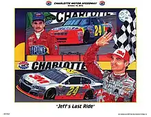 The 2015 Bank of America 500 program cover, featuring Jeff Gordon. Artwork by Sam Bass. "Jeff's Last Ride".