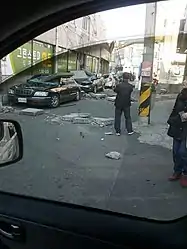 Crumbled walls piled on damaged cars in Pohang, South Korea