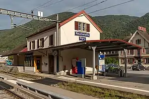 Two-story building with gabled roof