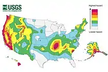 Contour map of seismic hazard across the United States