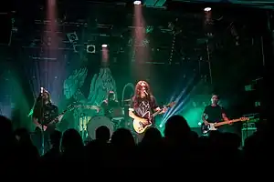 Alcest performing in 2020. From left to right: Zero, Winterhalter, Neige, Indria Saray