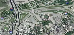 Aerial view of reconstructed Kennedy Interchange (Spaghetti Junction) in downtown Louisville