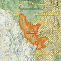 The irregular footprint of the KNP Complex Fire stretches from northwest to southeast within the boundaries of the national park