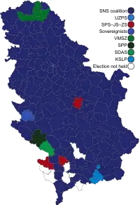 A map of Serbia showing the results of the 2022 parliamentary elections