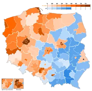 2023 Polish parliamentary election - Senate results, PiS (blue), Opposition (orange)