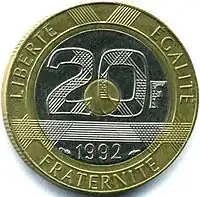 1992 French 20 francs tri-metallic coin.