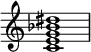  {
\override Score.TimeSignature #'stencil = ##f
\relative c' { 
  \clef treble \time 4/4
  <c e g bes dis>1
} }
