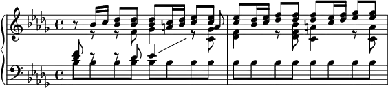 
  \new PianoStaff <<
    \new Staff = "up" \with {
      \consists "Merge_rests_engraver"
    }
    <<
      \set Score.tempoHideNote = ##t
      \tempo 8 = 80
      \clef treble \key bes \minor \time 4/4
      \new Voice \relative c'' {
        \voiceOne
        r8 bes16 c16 <bes des>8 8 8 <a c>16 <bes des>16 <c ees>8 8
        8 <bes des>16 <c ees>16 <des f>8 8 8 <c ees>16 <des f>16 <ees ges>8 8
      }
      \new Voice \relative c' {
        \voiceTwo
        r8 e8\rest e8\rest f8 ges4 e8\rest \stemUp a8
      }
    >>
    \new Staff = "down" <<
      \clef bass \key bes \minor \time 4/4
      \new Voice \relative c' {
        \voiceThree \showStaffSwitch
        <des f>8 e8\rest e8\rest des8 ees4 \change Staff = "up" \stemDown e8\rest <c ges'>8
        <des f>4 e8\rest <des f bes>8 <c a'>4 e8\rest <c a'>8
      }
      \new Voice \relative c' {
        \voiceFour
        bes8 8 8 8 8 8 8 8
        8 8 8 8 8 8 8 8
      }
    >>
  >>
