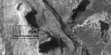 Top of white butte, as seen by HiRISE.  Box shows size of a football field.