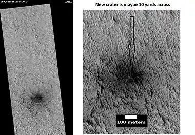 HiRISE images showing discovery of a new crater with HiWish program A study of the dark areas around new craters like this revealed that dark patches fade by global atmospheric dust deposition and are more likely to occur at higher-latitude sites, lower-elevation sites, and at sites with smaller central craters.  Changing back to the surrounding albedo takes on average 15 martian years.