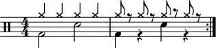 \version "2.22.0"
\header { tagline = ##f}
\score {
  \drums \with {midiInstrument = "drums"}
  \with { \numericTimeSignature }
  {
    \repeat volta 2 {
      <<{cymra4 cymra cymra cymra}\\{bd2 sne2}>>
      <<{cymra8 r cymra r cymra r cymra r}\\{bd4 r sne4 r}>>\break
    }
  }
  \layout {}
}

\score {
  \unfoldRepeats {
    \drums \with {midiInstrument = "drums"}{
      \repeat volta 2 {
        <<{cymra4 cymra cymra cymra}\\{bd2 sne2}>>
        <<{cymra8 r cymra r cymra r cymra r}\\{bd4 r sne4 r}>>\break
      }
    }
  }
  \midi { \tempo  4 = 100 }
}