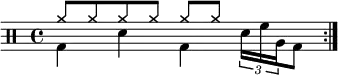 
    \new Staff <<
       \new voice \relative c' {
           \clef percussion
           \time 4/4
           \set Score.tempoHideNote = ##t \tempo 4 = 100
           \stemDown \repeat volta 2 { g4 d' g, \tuplet 3/2 { d'16 f a, } g8 }
       }
       \new voice \relative c'' {
           \override NoteHead.style = #'cross
           \stemUp \repeat volta 2 { a8 a a a a a s s }
       }
   >>
