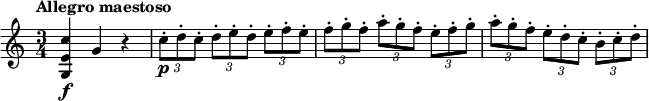 
\relative c'' {
  \tempo "Allegro maestoso"
  \time 3/4
  <c e, g,>4\f g r |
  \times 2/3 { c8-.\p d-. c-. } \times 2/3 { d-. e-. d-. } \times 2/3 { e-. f-. e-. } |
  \times 2/3 { f8-. g-. f-. } \times 2/3 { a-. g-. f-. } \times 2/3 { e-. f-. g-. } |
  \times 2/3 { a8-. g-. f-. } \times 2/3 { e-. d-. c-. } \times 2/3 { b-. c-. d-. } |
}
