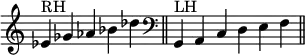  {
\override Score.TimeSignature #'stencil = ##f
    \relative c' {
    \set Score.tempoHideNote = ##t \tempo 4 = 120
    \clef treble
    \time 5/4
    es^\markup {RH} ges aes bes des \bar "||"
    \clef bass
    \time 6/4 \hide Staff.TimeSignature
    g,,,^\markup {LH} a c d e f \bar "||"
    }
}
