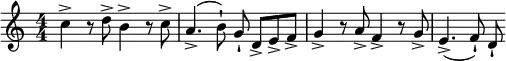  \relative c'' { \clef treble \numericTimeSignature \time 4/4 \key c \major c4-> r8 d-> b4-> r8 c-> | a4.->( b8-!) g-! d->[ e-> f->] | g4-> r8 a-> f4-> r8 g-> | e4.->( f8-!) d-! } 