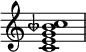  {
\override Score.TimeSignature #'stencil = ##f
\relative c' { 
  \clef treble 
  \time 4/4
  <c e g beseh c>1
} }
