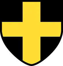 Resembling the flag of Saint David, a yellow cross on a black shield with a yellow border.