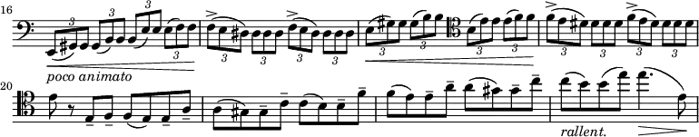 
\relative c, \new Staff \with { \remove "Time_signature_engraver" } {
  \key a \minor \clef bass
  \set Staff.midiInstrument = "cello"
  \set Score.tempoHideNote = ##t \tempo 2 = 76
  \time 2/2
  \set Score.currentBarNumber = #16 \bar ""
  \set tupletSpannerDuration = #(ly:make-moment 1 4)
  \set beamExceptions = #'((end . ( ((1 . 8) . (2 2 2 2)) )))
  \override Score.SpacingSpanner #'common-shortest-duration = #(ly:make-moment 1 5)
  \times 2/3 { e8(\<_\markup \italic "poco animato" gis) gis gis( b) b b( e) e e( f) f | f->(\! e dis) dis dis dis f->( e dis) dis dis dis |
  e(\< gis) gis gis( b) b \clef tenor b( e) e e( f) f | f->(\! e dis) dis dis dis f->( e dis) dis dis dis } |
  \set beamExceptions = #'()
  e r e,-- f-- f( e) e-- a-- | a( gis) gis-- c-- c( b) b-- f'-- |
  f( e) e-- a-- a( gis) gis-- c-- |
  \set Score.tempoHideNote = ##t \tempo 2 = 66
  c(_\markup \italic "rallent." b) b( e) e4.(\> e,8)\!
}
