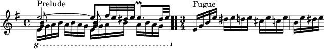 
\version "2.18.2"
\header {
  tagline = ##f
}

\score {
  \new Staff \with {
%fontSize = #-2
  }
<<
  \relative c'' {
    \key e \minor
    \time 4/4

     %% INCIPIT CBT I-10, BWV 855, mi mineur
     << { e2~^\markup{Prelude} e8 fis32 e dis e e8.\prall dis32 e | } \\ { \set Staff.ottavation = #"8" \once \override Staff.OttavaBracket.direction = #DOWN \repeat unfold 2 { e,16 g a b a b a g } \unset Staff.ottavation } \\ { \repeat unfold 2 { < b g >8 s8 s4 }} >> \bar ".."
     \time 3/4
      e,16^\markup{Fugue} g b e dis e d e cis e c e | b e dis e
  }
>>
  \layout {
     \context { \Score \remove "Metronome_mark_engraver" 
     \override SpacingSpanner.common-shortest-duration = #(ly:make-moment 1/2) 
}
  }
  \midi {}
}
