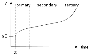 Strain vs. Time graph for the three stages of creep. Strain slowly rises up and almost becomes constant from a constant stress on a viscoelastic material. Like your cartilage, it will deform or strain, from constant stress. The strain deformation is slow, but eventually too much stress will increase it.