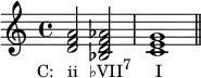 
{
\relative c' {
  \clef treble
  \time 4/4
  <d f a>2_\markup { \concat { \translate #'(-4 . 0) { "C:   ii" \hspace #1.5 "♭VII" \raise #1 \small "7" \hspace #3.3 "I" } } }
  <bes d f aes>
  <c e g>1 \bar "||"
} }
