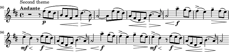 
    \relative c'' {
        \set Score.tempoHideNote = ##t \tempo 4 = 69
        \set Staff.midiInstrument = #"violin"
        \set Score.currentBarNumber = #90
        \key b \minor
        \time 4/4
        \bar ""
        r2^\markup {  \translate #'(-4 . 0)
              \column {
                \line { Second theme }
                \line { \bold { Andante } }
            }
        }
        r8 fis(\p e d \override DynamicLineSpanner.staff-padding = #2.5
        b(\< a fis a)\! d4.(\> b8)\!
        a2~ a8 fis'( e d) \override DynamicLineSpanner.staff-padding = #3
        a(\< fis d fis)\! b4.(\> a8)\! \override DynamicLineSpanner.staff-padding = #1
        a2\< a'4--\f g8( fis)
        fis4(-> e) g--\> fis8( e)\!
        e4(->\mf\< d)\! r8 fis(\f\> e d)\! \override DynamicLineSpanner.staff-padding = #2.5
        a(\< fis d fis)\! b4.(\> a8)\! \override DynamicLineSpanner.staff-padding = #1
        a2\< a'4--\f g8( fis)
        fis4(-> e) g--\> fis8( e)\!
        e4(->\mf\< d)\! r8 fis(\f\> e d)\! \override DynamicLineSpanner.staff-padding = #3
        a(\< fis d fis)\! b4.(\> a8)\!
        a2
}
