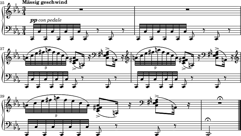 
{
      #(set-global-staff-size 17)
      <<
      \new PianoStaff <<
        \new Staff <<
           \tempo "Mässig geschwind"
           \key c \minor \time 3/4
            \set Score.currentBarNumber = #35
            \bar ""
           \relative c'' {
                R2.
                R
                \tuplet 9/8 { a32([ c es fis a fis es c a)] } <c, es fis a>8->([ a16)] r \clef bass <c, es fis a>8->([ a16)] r \clef G
                \tuplet 9/8 { a''32([ c es fis a fis es c a)] } <c, es fis a>8->([ a16)] r \clef F <c, es fis a>8->([ a16)] r \clef G
                \tuplet 9/8 { a''32([ c es fis a fis es c a)] } <c, es fis a>8->([ a16)] r \clef F <c, es fis a>8->([ a16)] r
                R2.\fermata
                }
            >>
        \new Staff <<
           \clef F \key c \minor \time 3/4
           \relative c, {
                c32^\markup {\dynamic pp \italic "con pedale" } c' c, c' c, c' c, c' c,8 r c r
                c32 c' c, c' c, c' c, c' c,8 r c r
                c32 c' c, c' c, c' c, c' c,8 r c r
                c32 c' c, c' c, c' c, c' c,8 r c r
                c32 c' c, c' c, c' c, c' c,8 r c r
                c2.\fermata \bar "|."
                }
            >>
    >>  >> }
