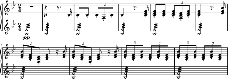 
{ \new PianoStaff <<
\new Staff \relative bes { \set Staff.midiInstrument = #"piano" \key bes \major \clef treble \time 2/4 \set Score.tempoHideNote = ##t \tempo 4 = 126
  R2 | % 2
  r4 \p r8. bes16 | % 3
  bes8 -. bes8 -. \once \override TupletBracket #'stencil = ##f
  \times 2/3  {
    bes8 -. f8 -. bes8 -.
  }
  | % 4
  bes4 -. r8. <bes d f>16 | % 5
  <bes d f>8 -. <bes d f>8 -. \once \override TupletBracket #'stencil
  = ##f
  \times 2/3  {
    <bes d f>8 -. <f bes d>8 -. <bes d f>8 -.
  }
  | % 6
  <bes d f>4 -. r8. <d f bes>16 | % 7
  \once \override TupletBracket #'stencil = ##f
  \times 2/3  {
    <d f bes>8 -. <bes d f>8 -. <f bes d>8 -.
  }
  <bes d f>8 r16 <d f bes>16 | % 8
  \once \override TupletBracket #'stencil = ##f
  \times 2/3  {
    <d f bes>8 -. <bes d f>8 -. <f bes d>8 -.
  }
  <bes d f>8 r16 <d f bes>16 | % 9
  \once \override TupletBracket #'stencil = ##f
  \times 2/3  {
    <d f bes>8 -. <bes d f>8 -. <d f bes>8 -.
  }
  \once \override TupletBracket #'stencil = ##f
  \times 2/3  {
    <bes d f>8 -. <d f bes>8 -. <bes d f>8 -.
  }
  |
  \once \override TupletBracket #'stencil = ##f
  \times 2/3  {
    <d f bes>8 -. <bes d f>8 -. <d f bes>8 -.
  }
  \once \override TupletBracket #'stencil = ##f
  \times 2/3  {
    <bes d f>8 -. <d f bes>8 -. <bes d f>8 -.
  }
  }
\new Staff \relative bes { \set Staff.midiInstrument = #"piano" \key bes \major \clef treble \time 2/4
  <bes f'>2 \pp :32| % 2
  <bes f'>2 :32 | % 3
  <bes f'>2 :32 | % 4
  <bes f'>2 :32 | % 5
  <bes f'>2 :32 | % 6
  <bes f'>2 :32 | % 7
  <bes f'>2 :32 | % 8
  <bes f'>2 :32 | % 9
  <bes f'>2 :32 | \barNumberCheck #10
  <bes f'>2 :32 }
>> }
