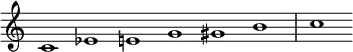  {
\override Score.TimeSignature #'stencil = ##f
\set Score.tempoHideNote = ##t
\tempo 1 = 120
\relative c' { 
  \cadenzaOn
  c1 ees e g gis b \bar "|" c
} }
