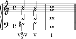  {
  \set Score.proportionalNotationDuration = #(ly:make-moment 1/4)
   \new PianoStaff <<
      \new Staff <<
         \new voice \relative c'' {
             \clef treble \key c \major \time 4/4
             \voiceOne c2  b c1
             }
         \new voice \relative c'' {
             \clef treble \key c \major \time 4/4
             \voiceTwo a2  g g1
             }
            >>
     \new Staff <<
         \new voice \relative c' {
             \clef bass \key c \major \time 4/4
             \voiceOne d2 d e1
             }
         \new voice \relative c {
             \clef bass \key c \major \time 4/4
             \voiceTwo fis2_\markup { \translate #'(-2 . 0) { \concat { "V" \combine \raise #1 \small 6 \lower #1 \small 5 "/V" \hspace #3 "V" \hspace #7 "I" } } } g c,1 \bar "||"
             }
         >>
    >>
}
