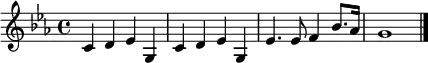 
  \relative c' {
  \key c \minor
  \time 4/4
    c d es g,         % parentheses create slurs
    c d es g,    
    es'4. es8 f4 bes8. as16
    g1
    \bar "|."
  }
