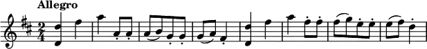 
\relative c'' { \set Score.tempoHideNote = ##t \tempo "Allegro" 4=130 \key d \major \time 2/4
  <d d,>4 fis a a,8-. a-. a[( b) g-. g-.] g( a) fis4-.
  <d' d,> fis a fis8-. fis-. fis[( g) e-. e-.] e( fis) d4-.
}
