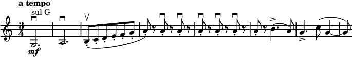 
\relative c' \new Staff {
 \key c \major \time 3/4 \tempo "a tempo"
 g2. \mf ^\markup { sul G } \downbow a\downbow b8-. ( \upbow c-. d-. e-. f-. g-.
 a-. ) r a-. \downbow r a-. \downbow r a-. \downbow r a-. \downbow r a-. \downbow r
 a-. r b4.-> ( a8) g4.-> c8( g4~ g8)
}
