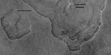 Scalloped terrain labeled with both low center polygons and high center polygons, as seen by HiRISE under HiWish program  Image enlarged with HiView.